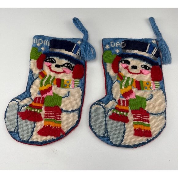 Handmade Needlepoint Snowman Mini Christmas Stockings Mom Dad Set Bright Colors - Picture 8 of 10
